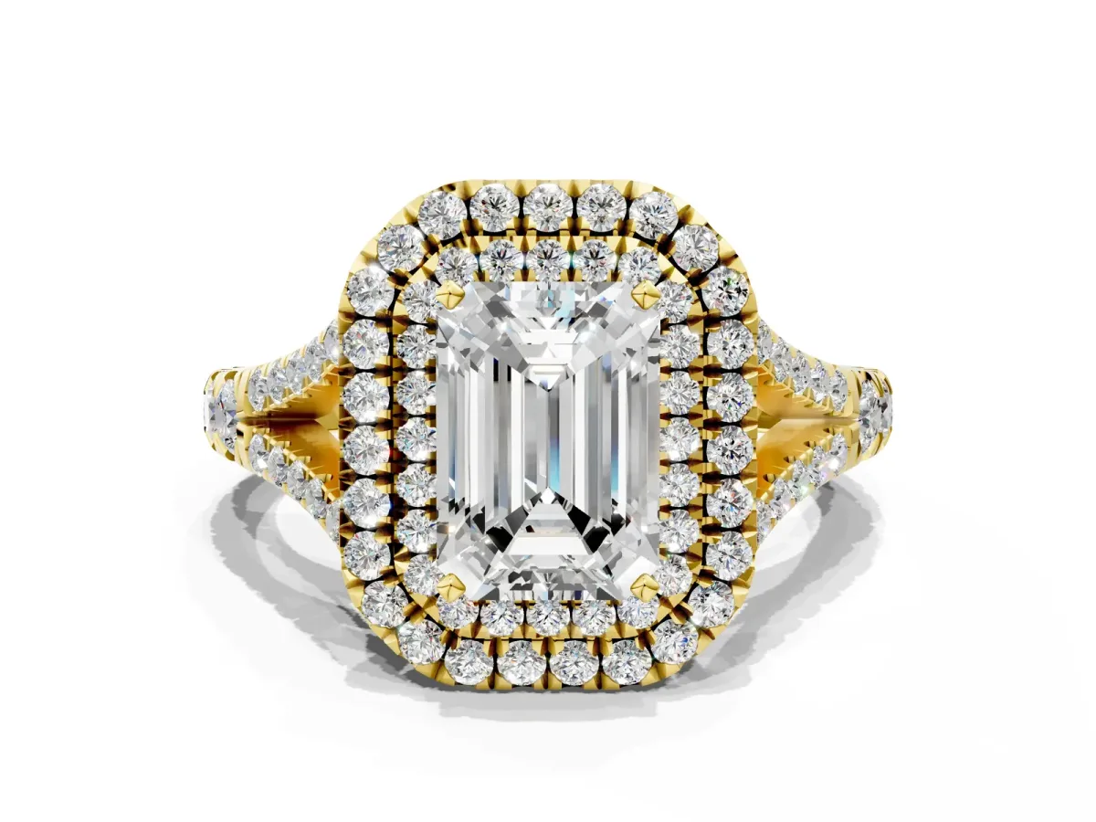 Double Halo Emerald Cut Diamond Split Shank Engagement Ring with Four-Prong Setting Yellow gold