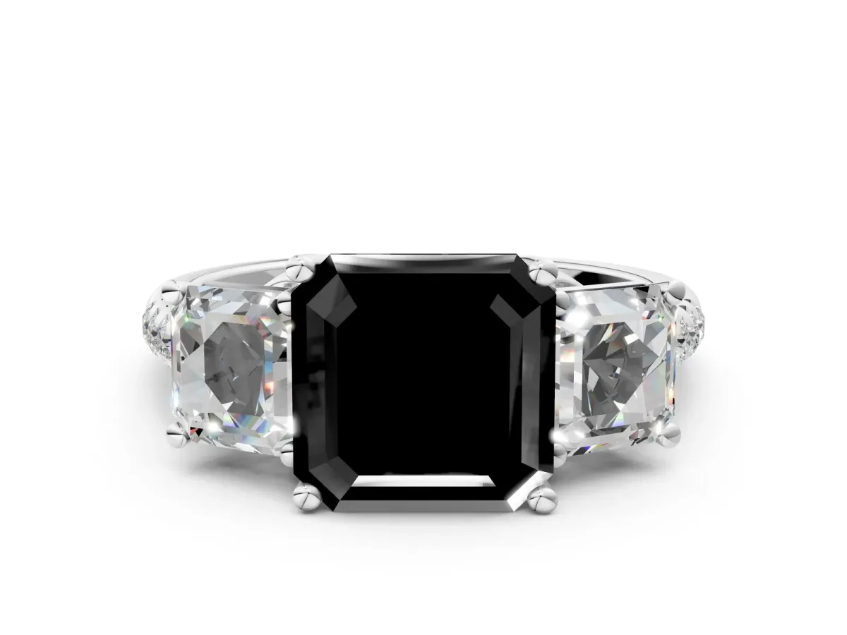 Fancy Black Three-Stone Asscher Cut Diamond Ring with Round Pavé Band and Prong Setting Silver