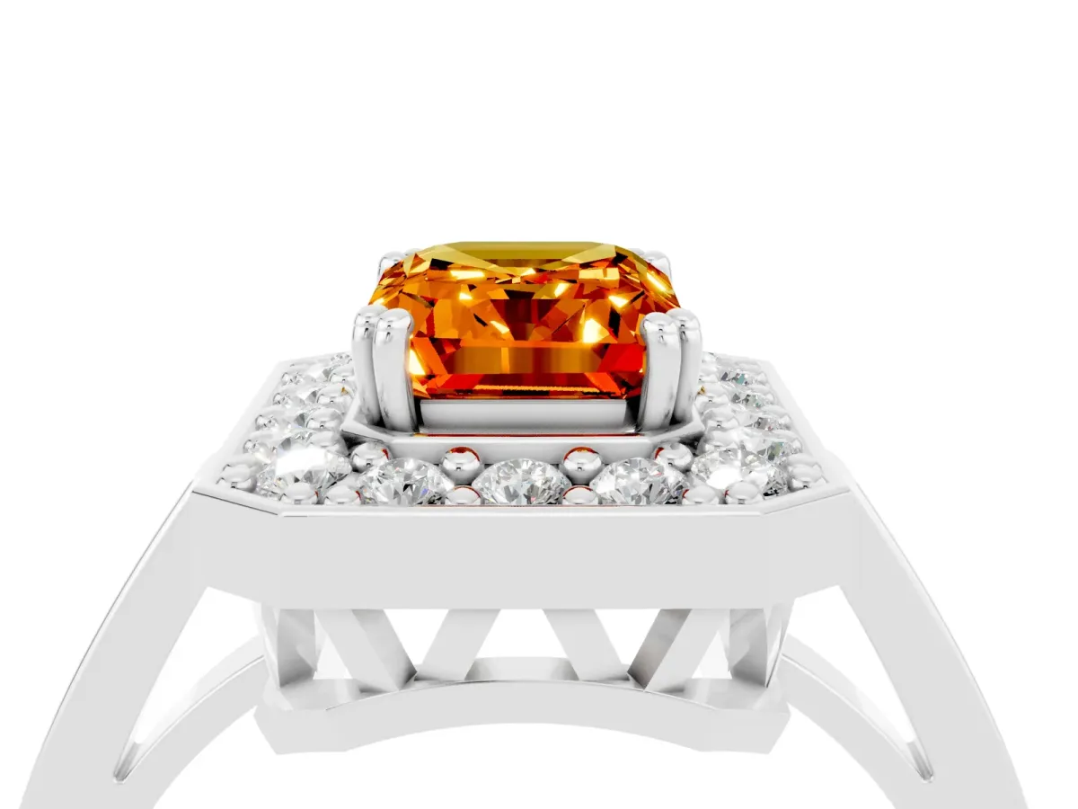 Emerald Cut Citrine Halo Ring with Split Shank and Four-Prong Setting White gold