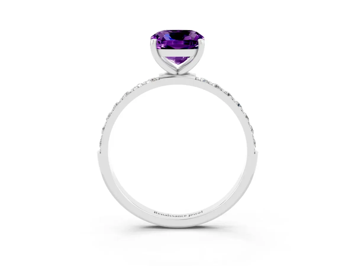 Cushion Cut Amethyst Solitaire Ring with Round Pavé Band and Prong Setting Silver