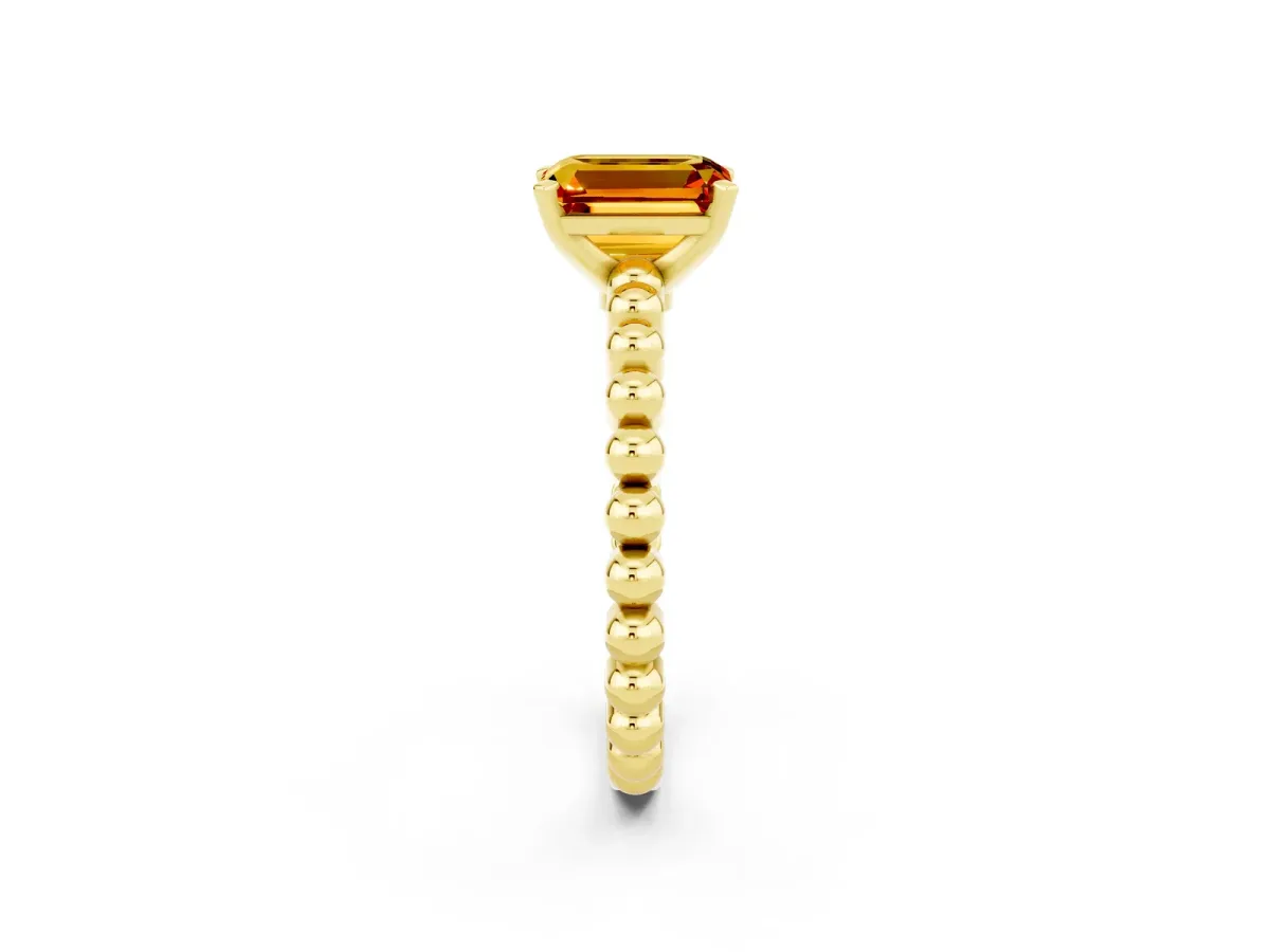 Emerald Cut Citrine Solitaire Ring with Beaded Band and Prong Setting Yellow gold