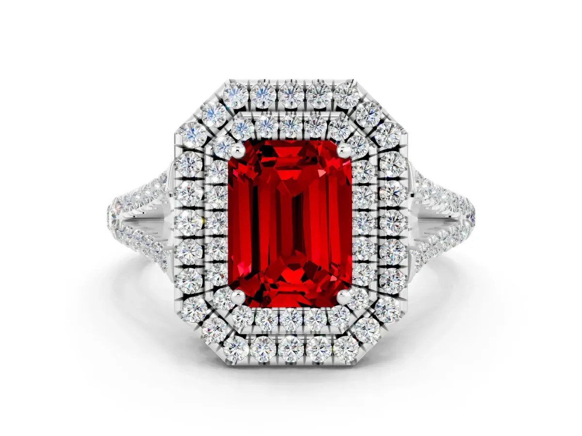 Emerald Cut Ruby Double Halo Ring with Pavé Band and Prong Setting White gold
