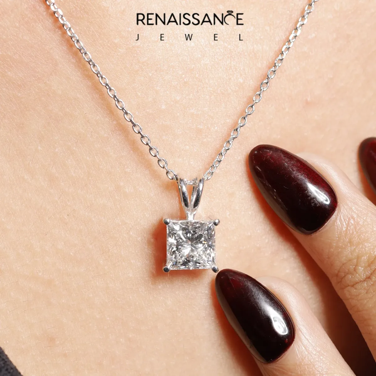 Princess Diamond Solitaire Pendant with Four Prong Setting White gold