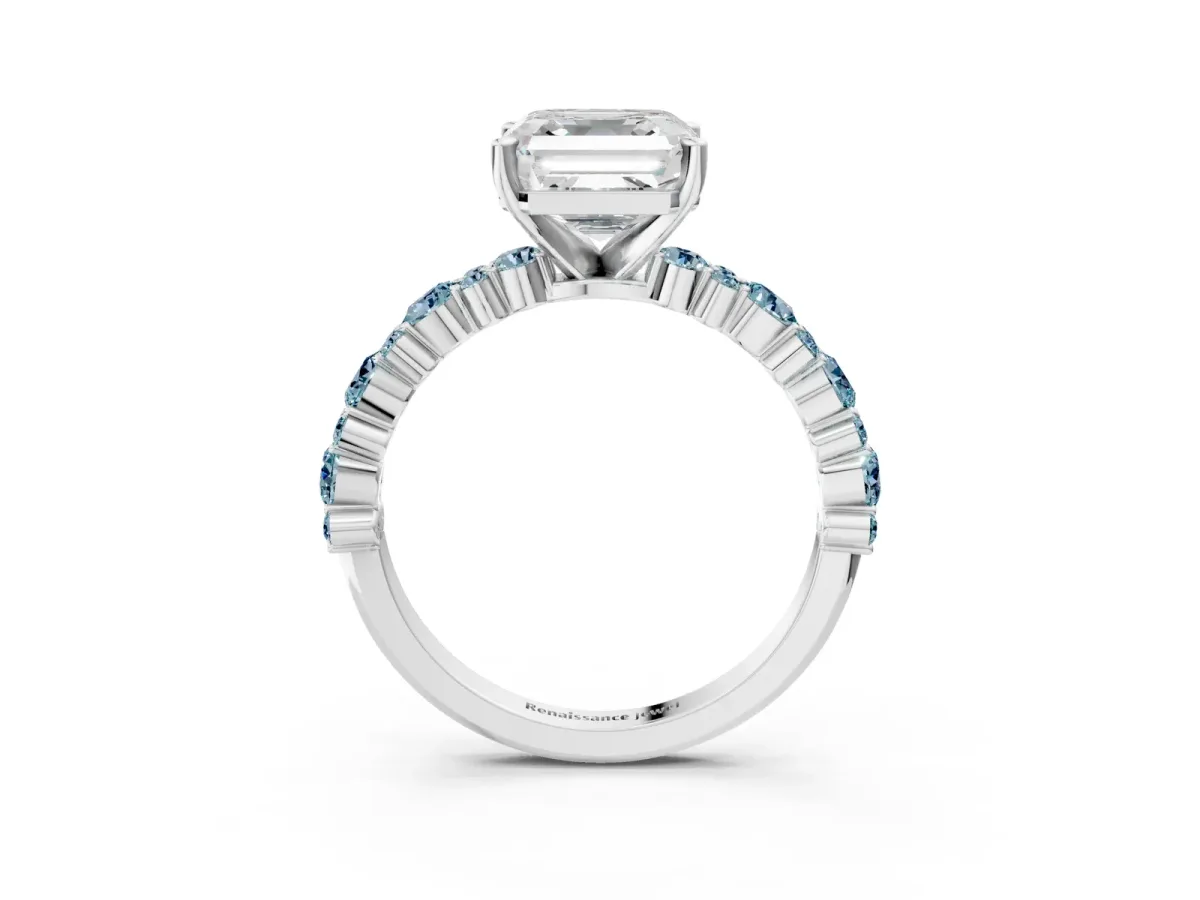 Asscher Cut Diamond Side Stone Solitaire Ring with Round Aquamarine and Four-Prong Setting Silver