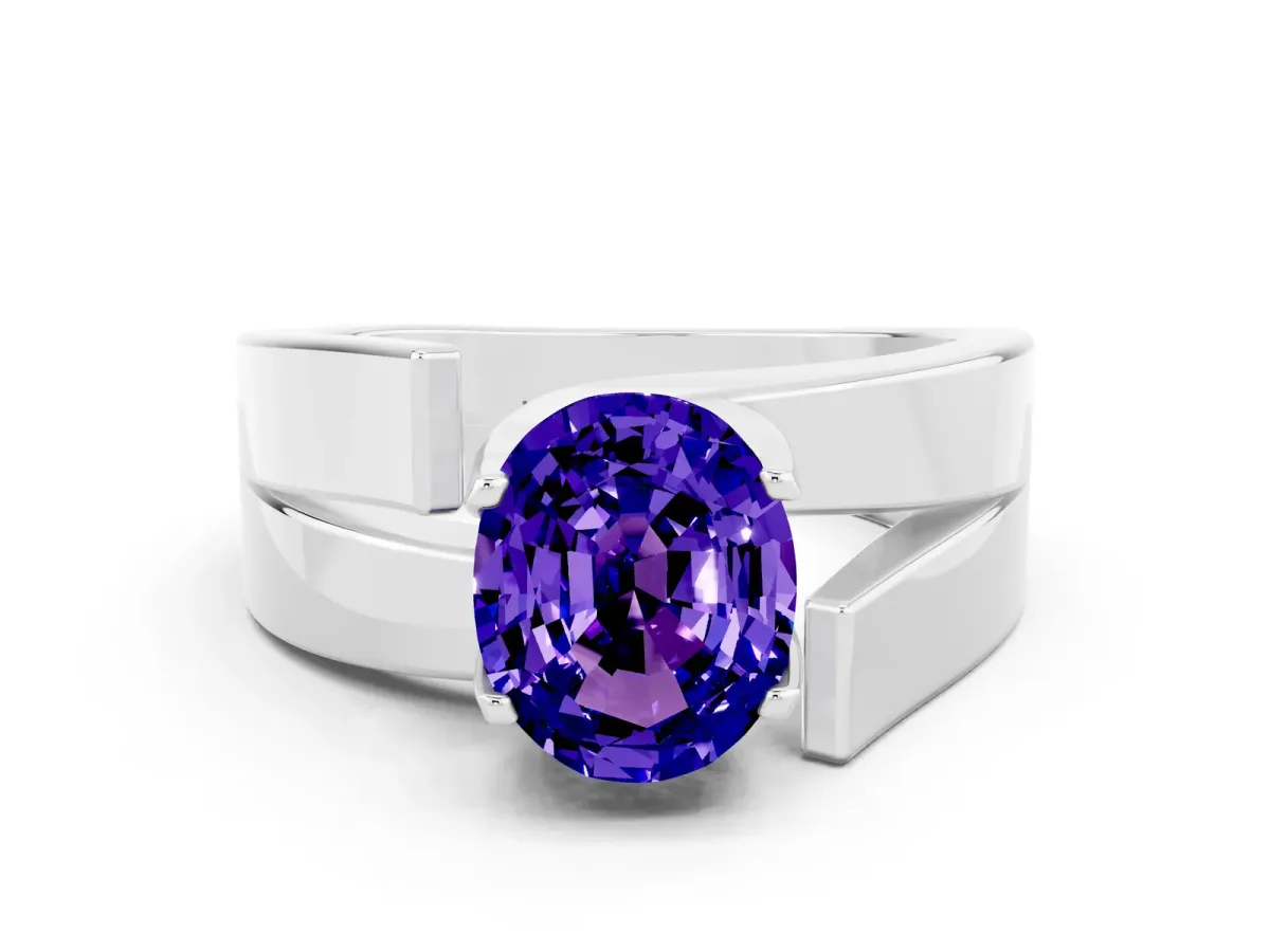 Modern Tension Set Oval Cut Tanzanite Solitaire Wide Band Ring Silver