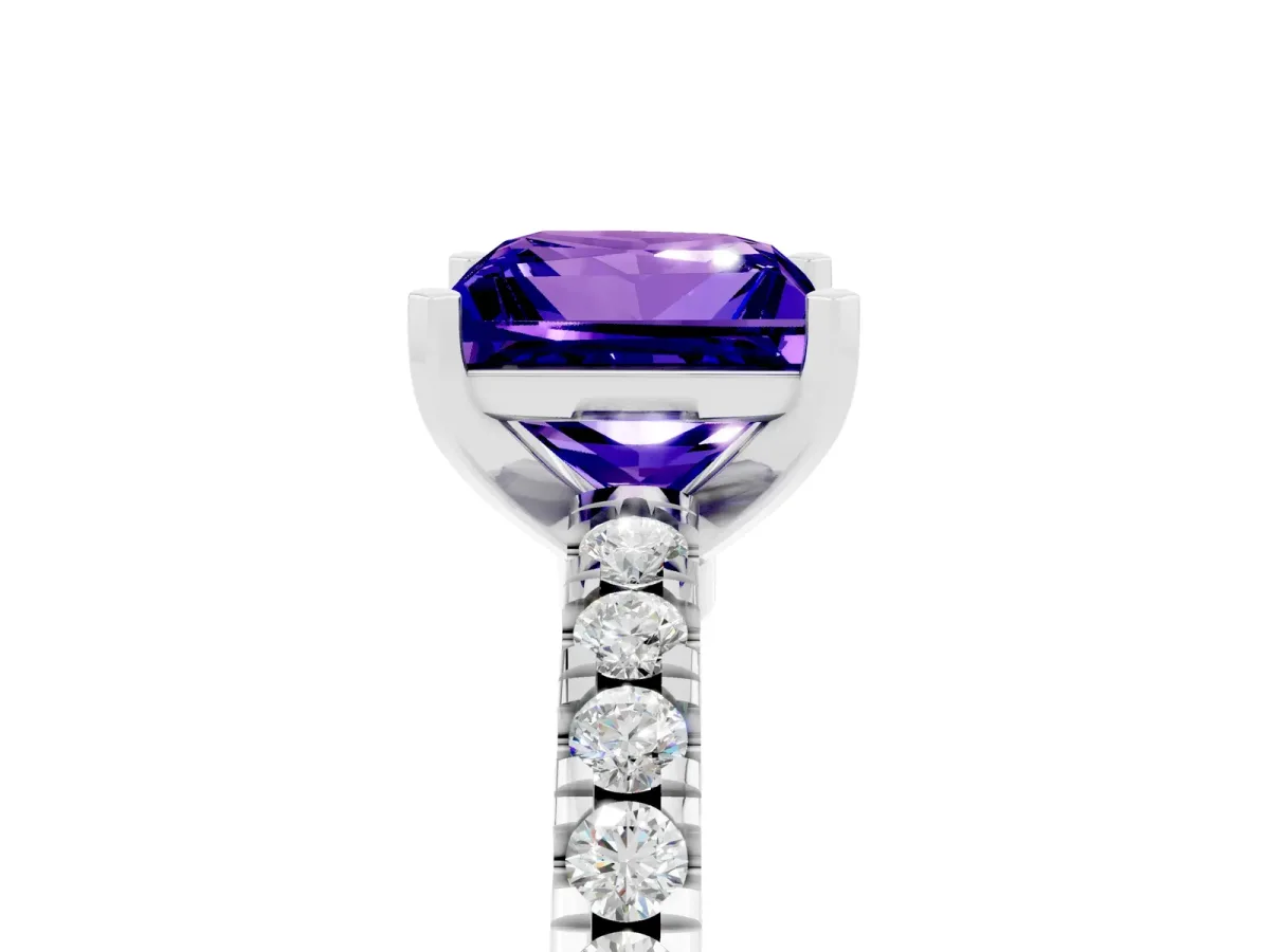 Princess Cut Solitaire Tanzanite with Pavé Band and Four-Prong Setting Silver