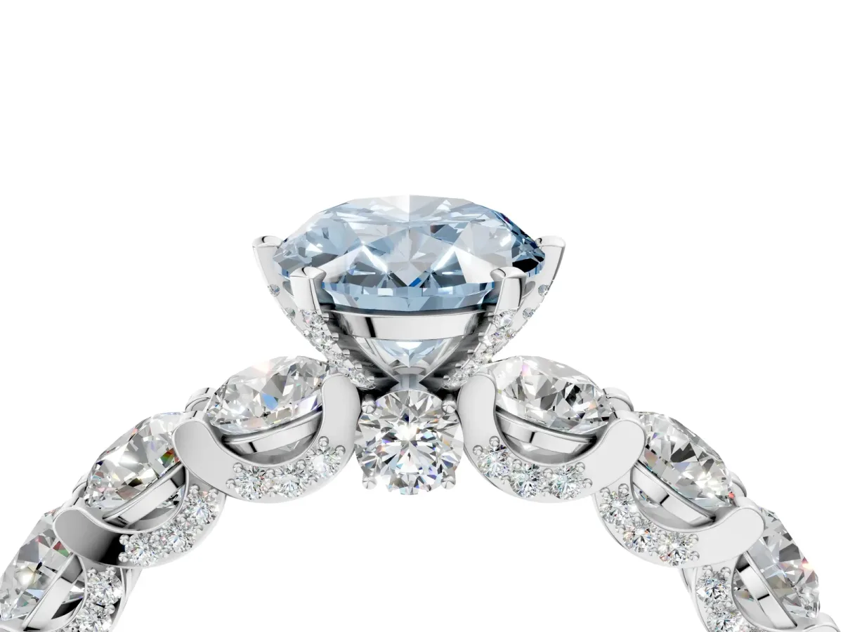 Fancy Blue Oval Cut Diamond Side Stone Engagement Ring with Four-Prong Setting White gold