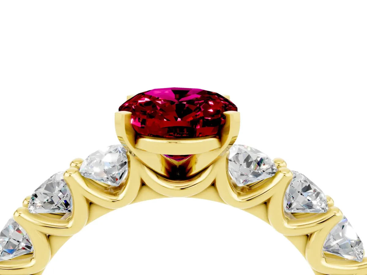 Oval Cut Garnet Prong Setting with Side Stones on a Pave Band Yellow gold
