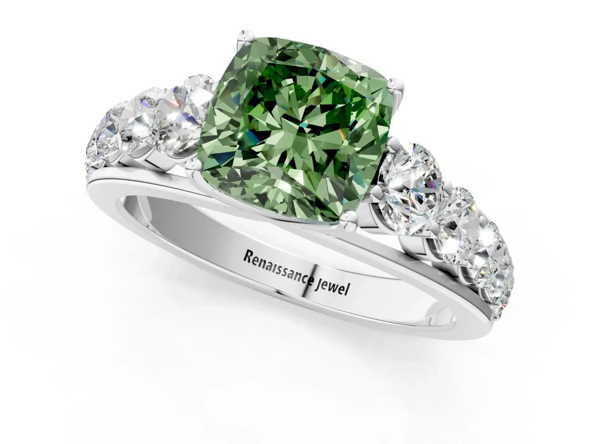 Fancy Green Cushion Cut Brilliant Diamond Pavé Band with Six-Prong Setting Silver
