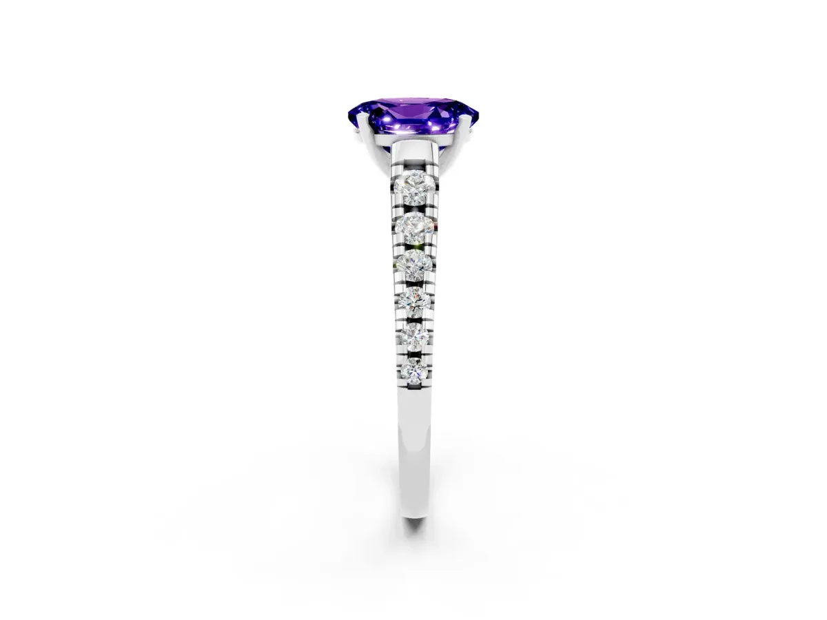 Oval Cut Tanzanite Cathedral Solitaire Ring with Round Pavé Band Silver