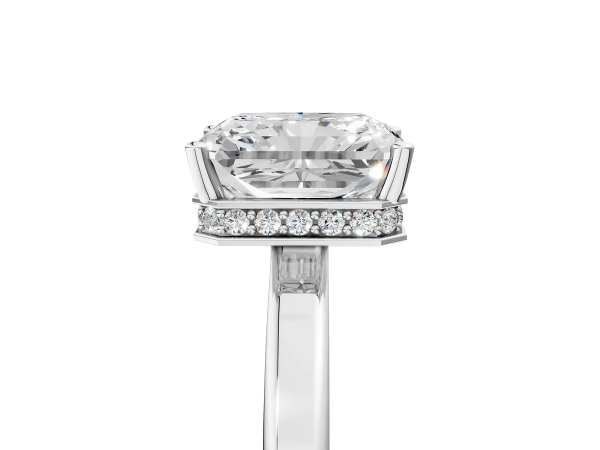 Radiant Cut Cut Solitaire Engagement Ring with Four-Prong Setting on a Classic Band Platinum