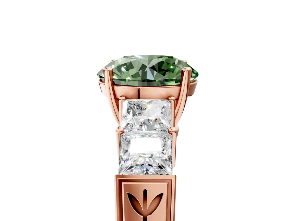 Fancy Green Round Cut Solitaire Princess Side Stone Engraved Band Prong Setting Ring Rose gold