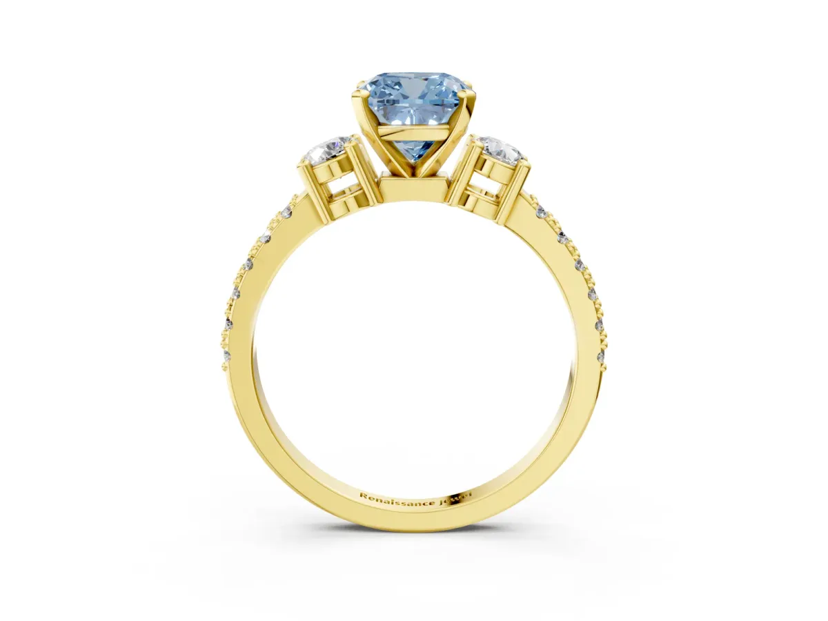 Fancy Blue Cushion Cut Cut Three-Stone Diamond Pavé Band with Prong Setting Yellow gold