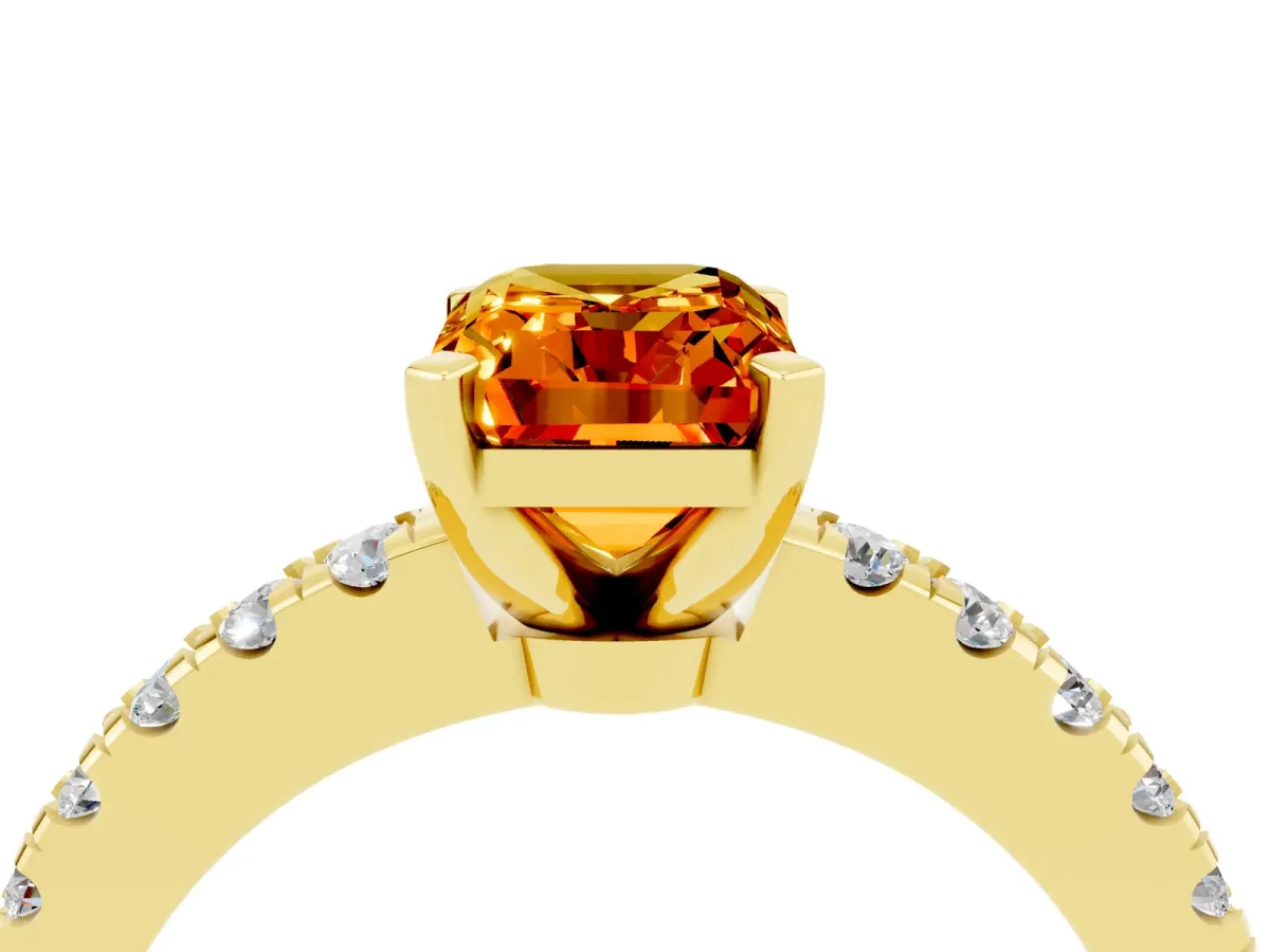 Emerald Cut Solitaire Citrine with Pavé Band and Four-Prong Setting Yellow gold