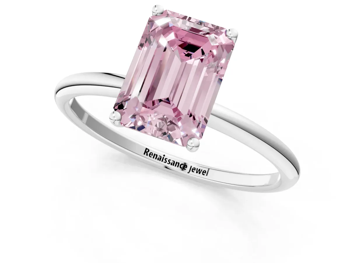 Fancy Pink Emerald Cut Cut Solitaire Engagement Ring with Thin Band and Four-Prong Setting Silver