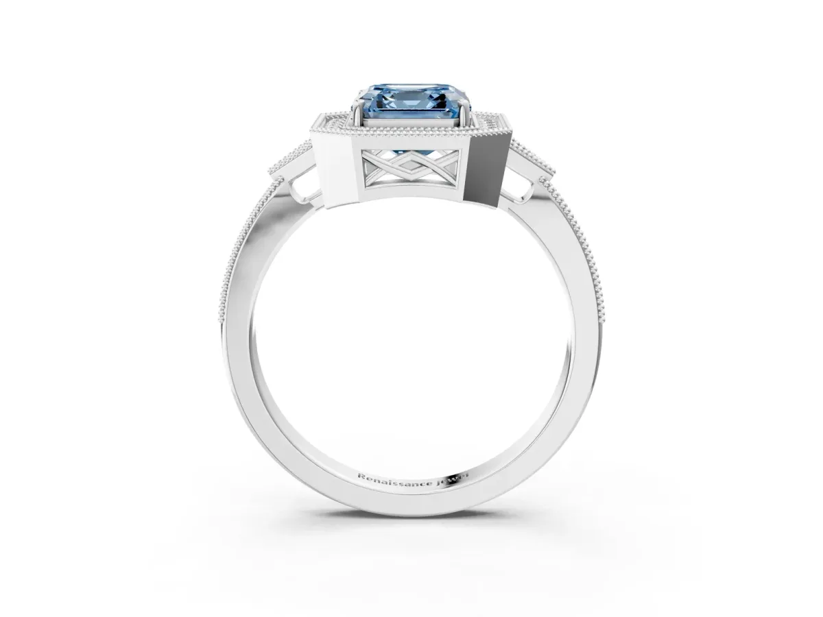 Fancy Blue Asscher Cut Halo Round Diamond Milgrain Pave Engagement Ring Platinum