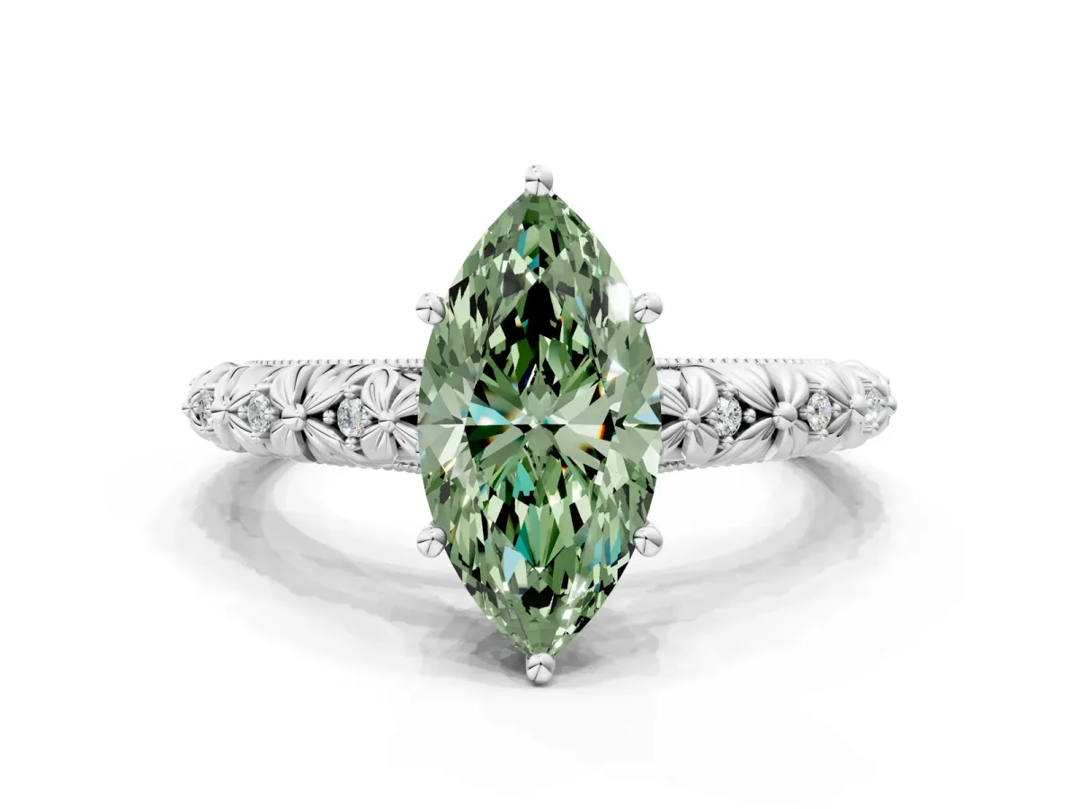 Fancy Green Marquise Cut Solitaire Floral Milgrain Engagement Ring Silver