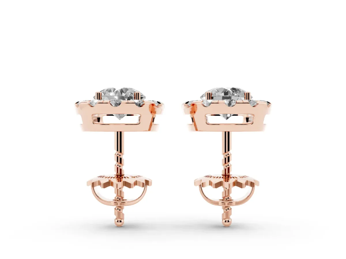 Round Cut Diamond Halo Stud Earrings Rose gold