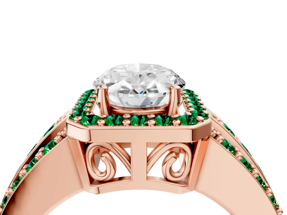 Oval Cut Halo Diamond Ring with Round Emerald Split Shank and Prong Setting Rose gold