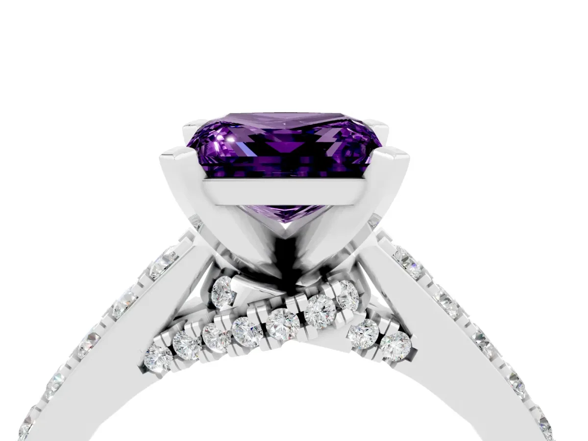 Princess Cut Amethyst Solitaire Ring with Crossover Gallery and Round Pavé Band Silver