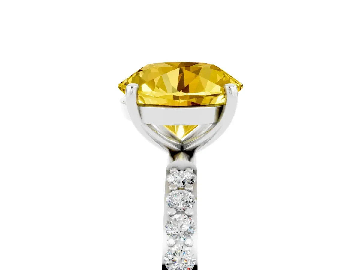 Round Cut Yellow Sapphire Solitaire Ring with Round Pavé Band and Prong Setting Silver