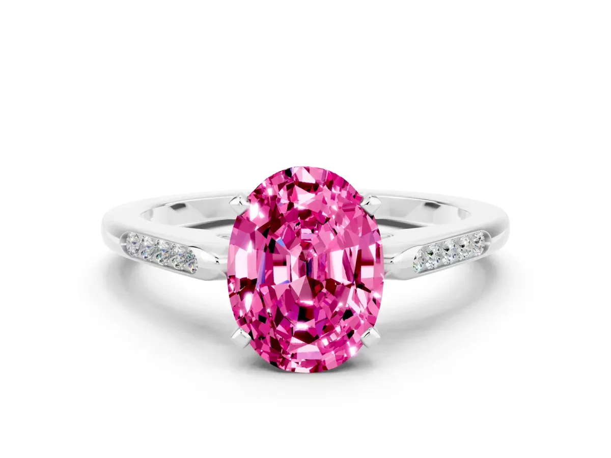 Oval Cut Pink Sapphire Solitaire Ring with Channel Set Round Band and Prong Setting Silver