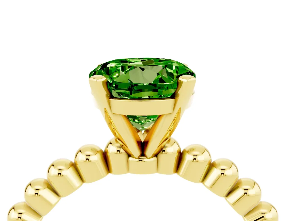 Round Cut Peridot Solitaire Ring with Beaded Band and Prong Setting Yellow gold