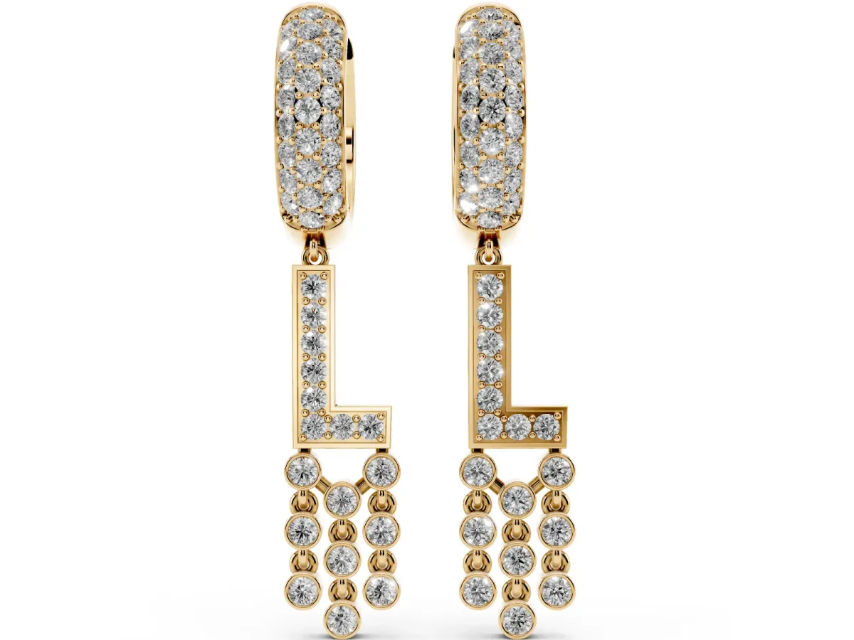 Round Diamond Initial L Huggie Hoop Earrings Yellow gold