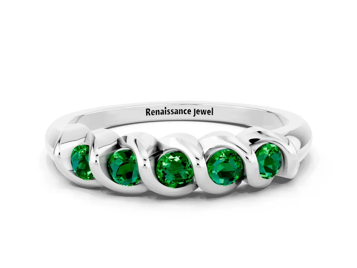 Round Emerald Eternity Band with Twist Prong Setting Platinum