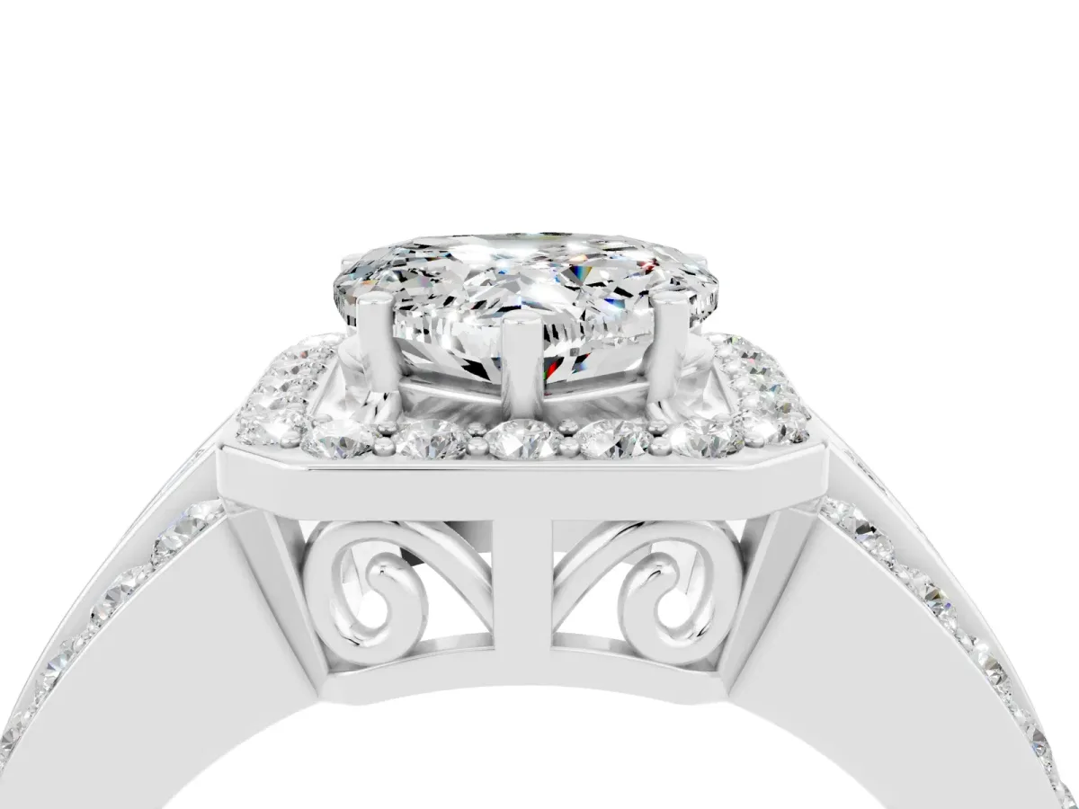 Heart Cut Halo Moissanite Ring with Round Split Shank and Prong Setting Silver