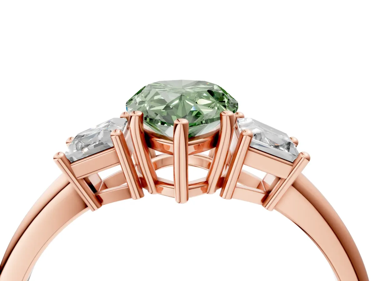 Fancy Green Pear Cut Diamond Three-Stone Ring with Trapezoid Side Stones and Prong Setting Rose gold
