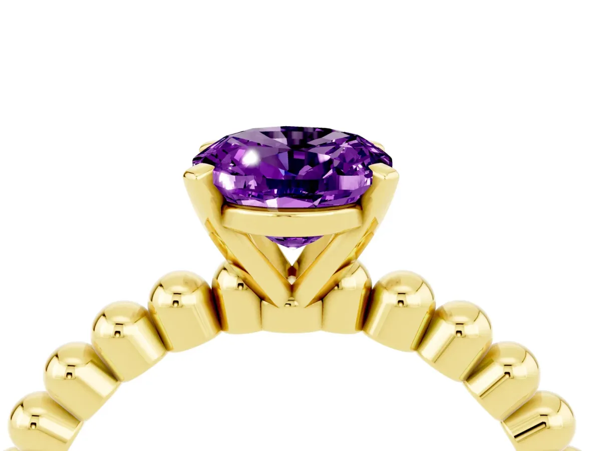 Oval Cut Amethyst Solitaire Ring with Beaded Band and Prong Setting Yellow gold