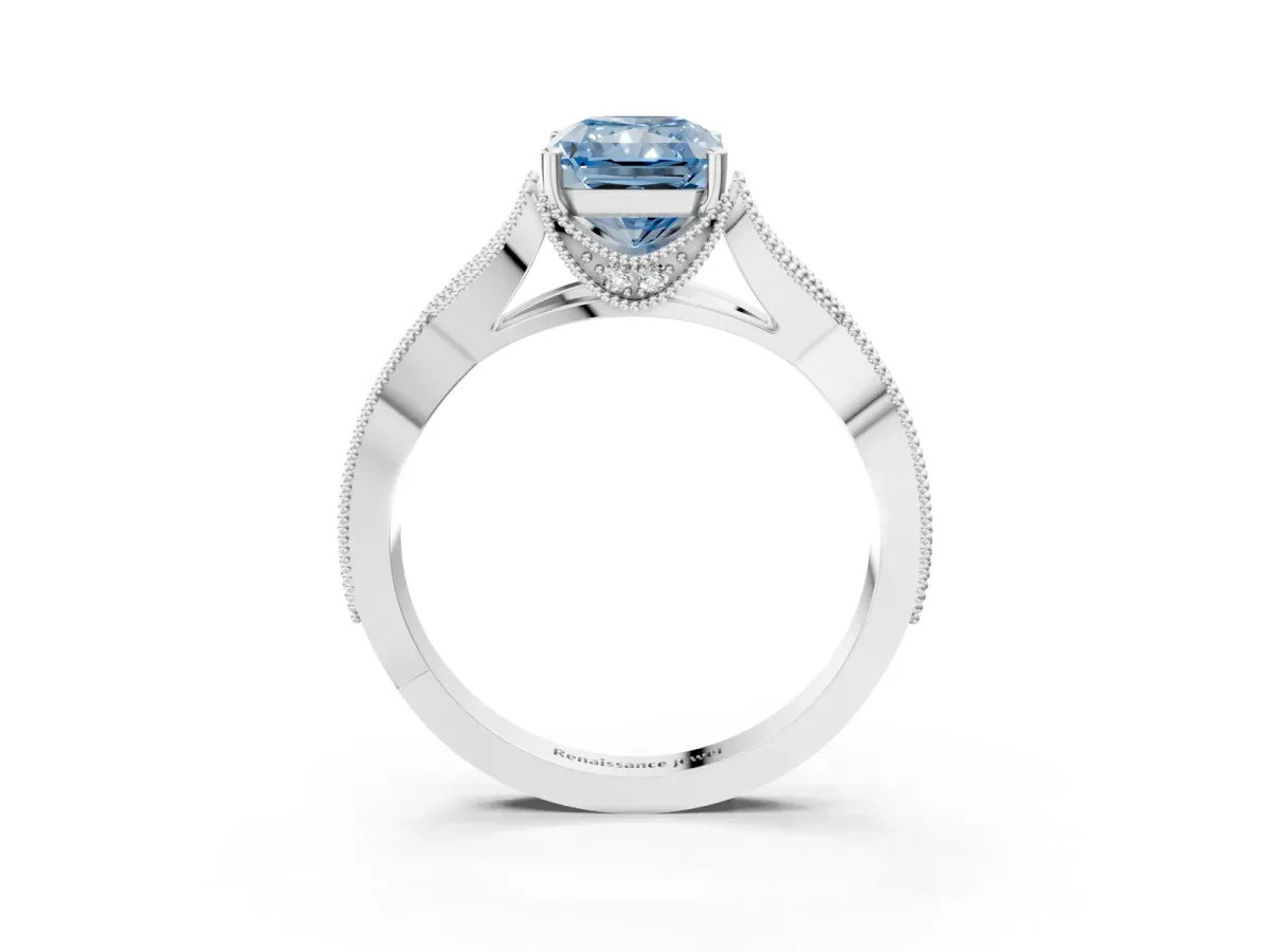 Fancy Blue Radiant Cut Cut Diamond Twisted Band with Milgrain Pave Setting and Four-Prong Setting Platinum