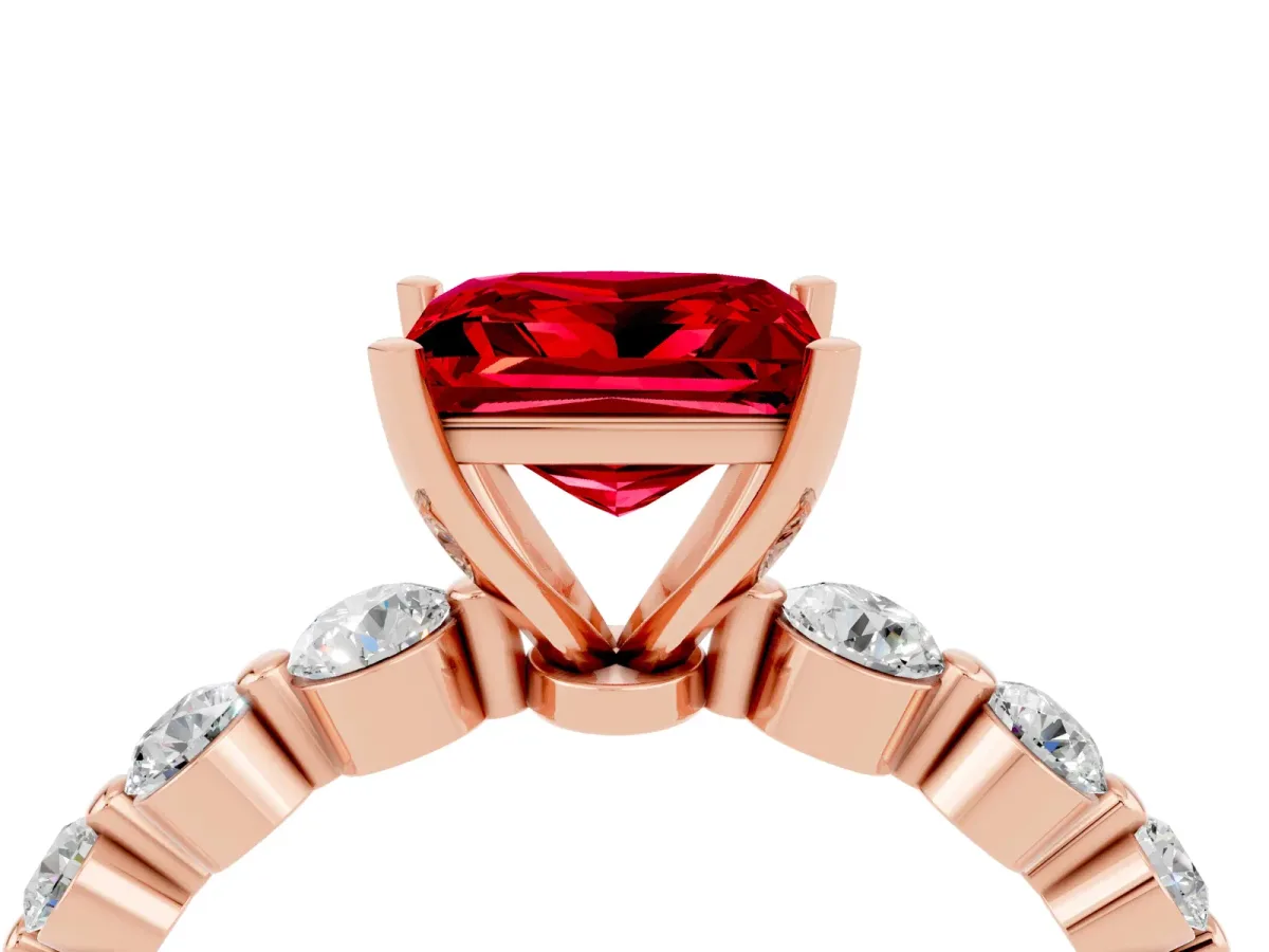 Princess Cut Solitaire Ruby Ring with Pave Band and Four-Prong Setting Rose gold