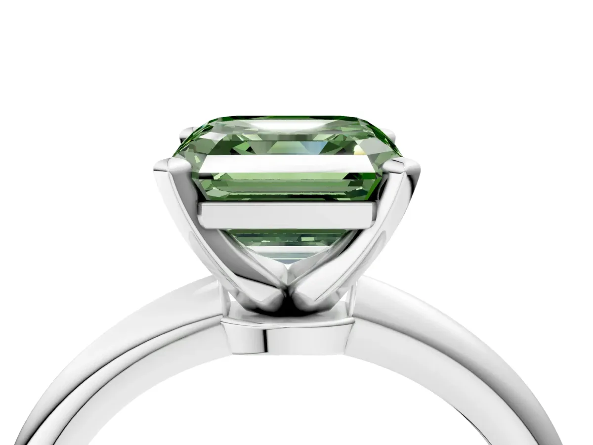 Fancy Green Asscher Cut Diamond Solitaire Ring with Six-Prong Setting and Classic Band Silver