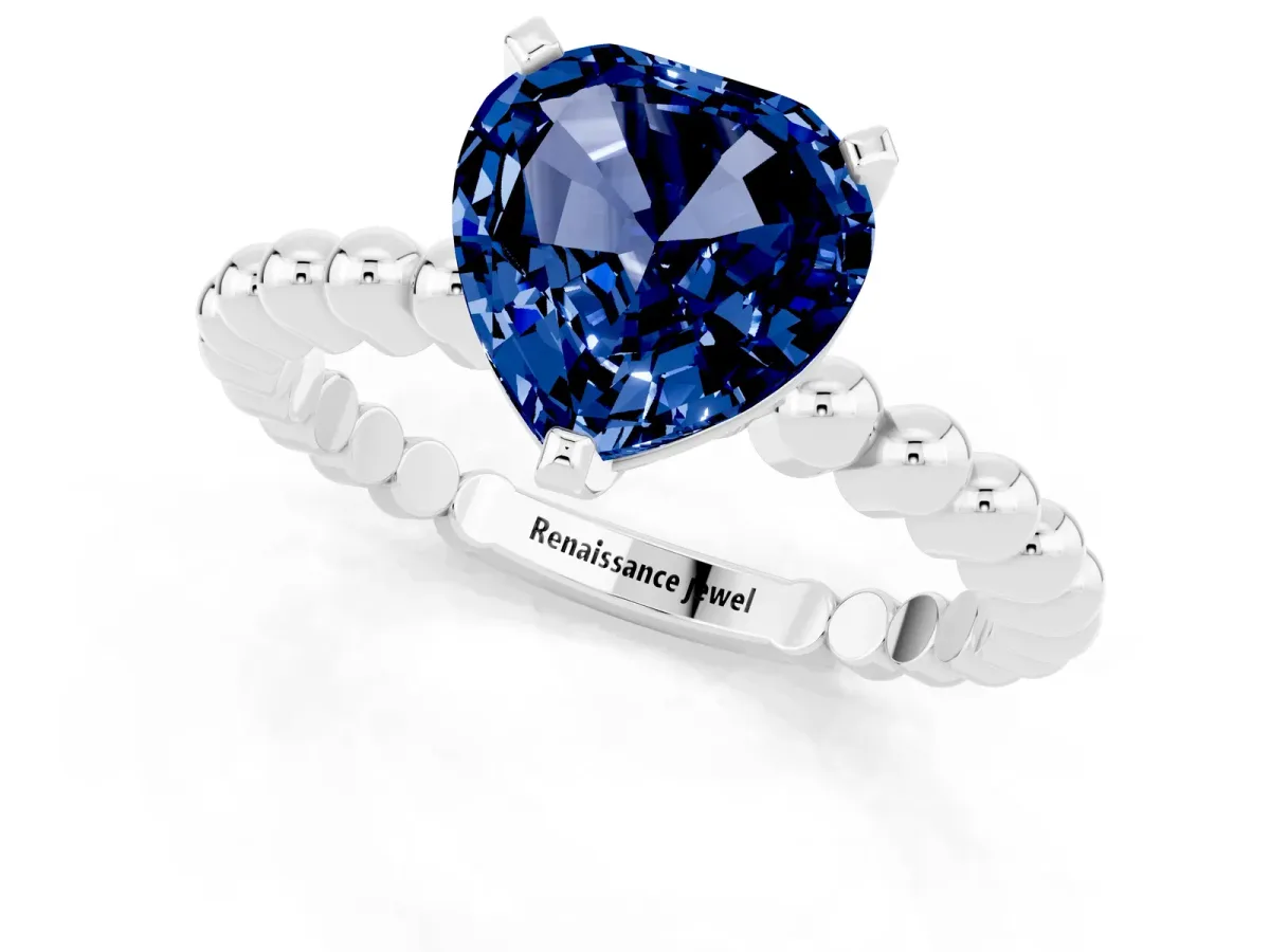 Heart Cut Blue Sapphire Solitaire Ring with Beaded Band and Prong Setting Silver