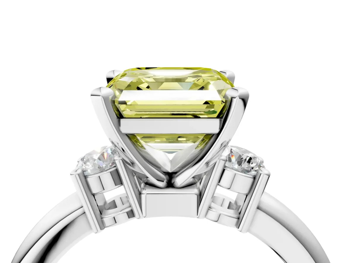 Fancy Yellow Three-Stone Asscher Cut Cut Diamond Solitaire with Prong Setting and Classic Band Platinum