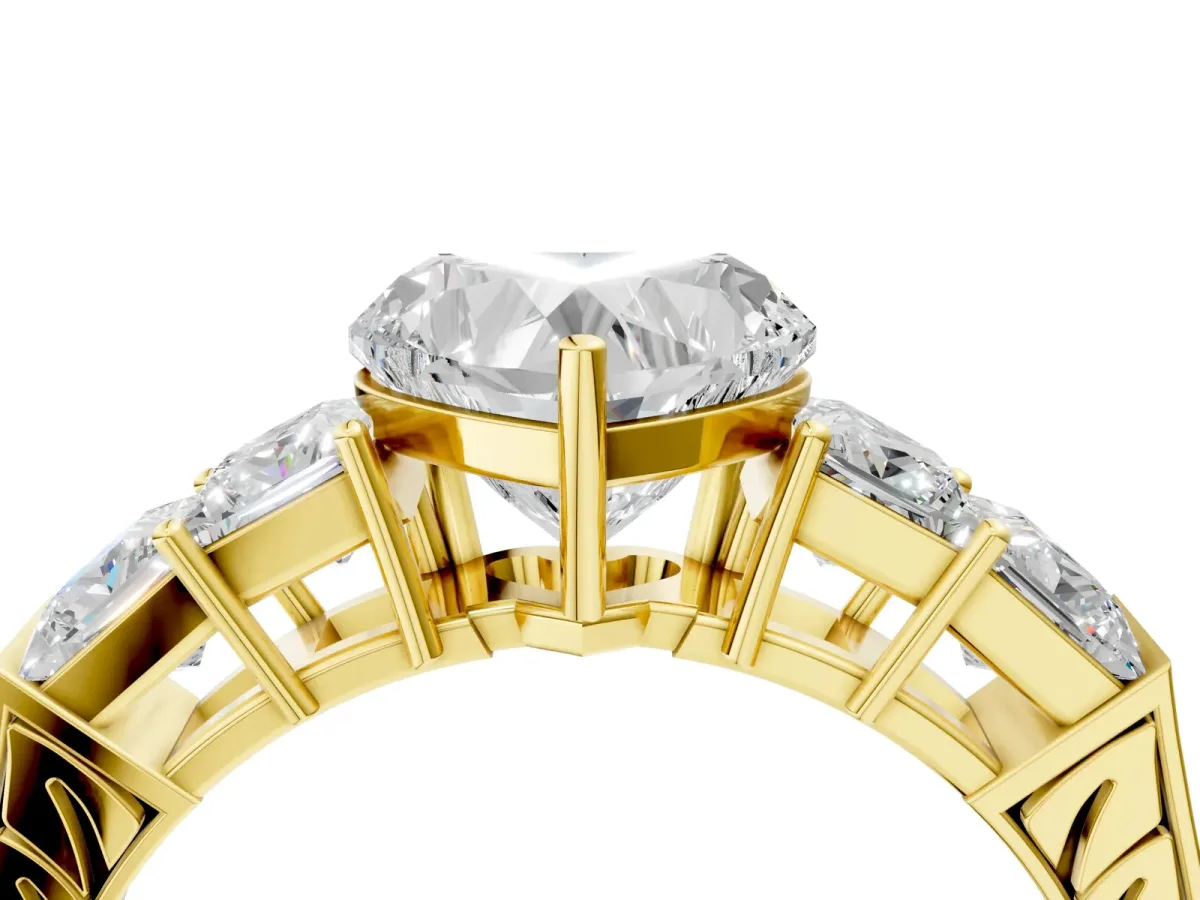 Heart Cut Solitaire Princess Side Stone Engraved Band Prong Setting Ring Yellow gold