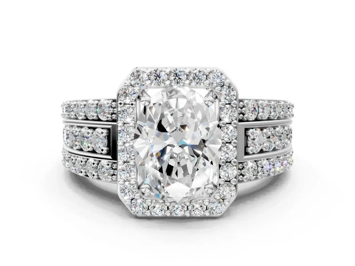 Oval Cut Halo Diamond Ring with Round Split Shank and Prong Setting White gold