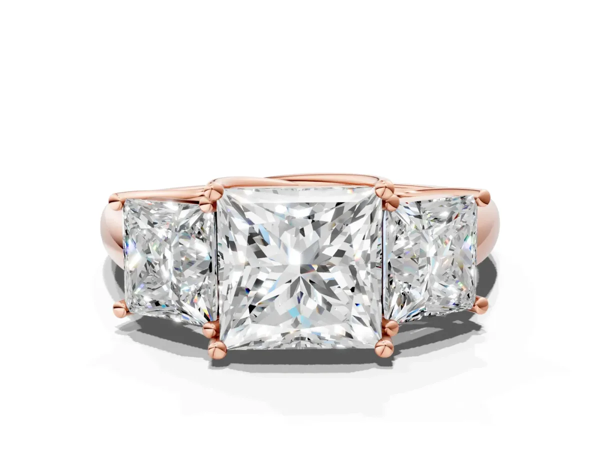 Three-Stone Princess Cut Diamond Engagement Ring with Prong Setting Rose gold