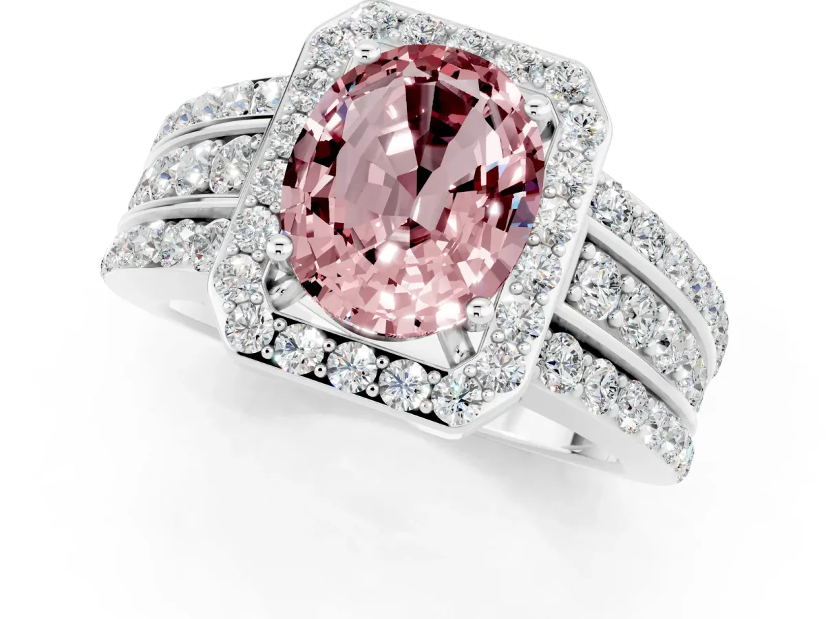 Oval Cut Halo Morganite Ring with Round Split Shank and Prong Setting Platinum
