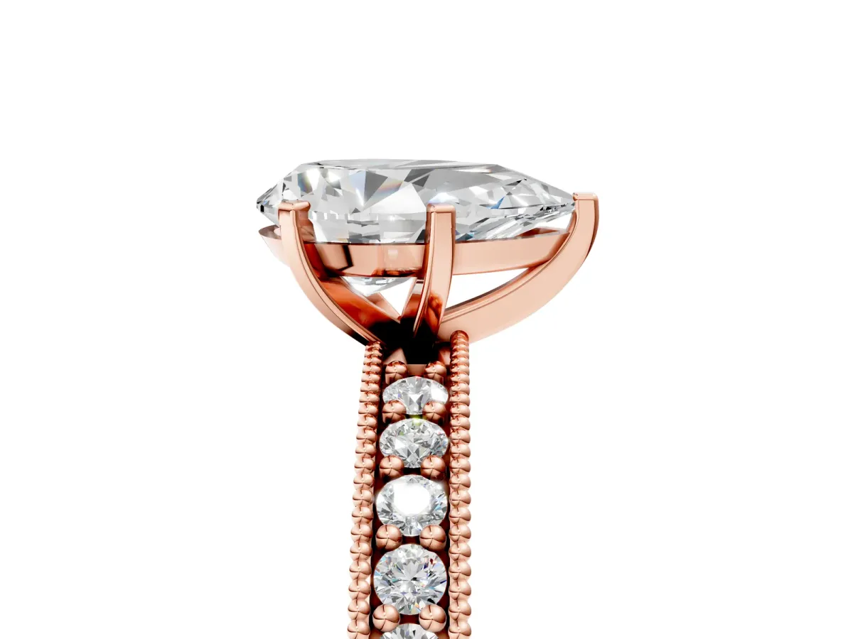 Pear Cut Diamond Milgrain Pavé Engagement Ring with Four-Prong Setting Rose gold