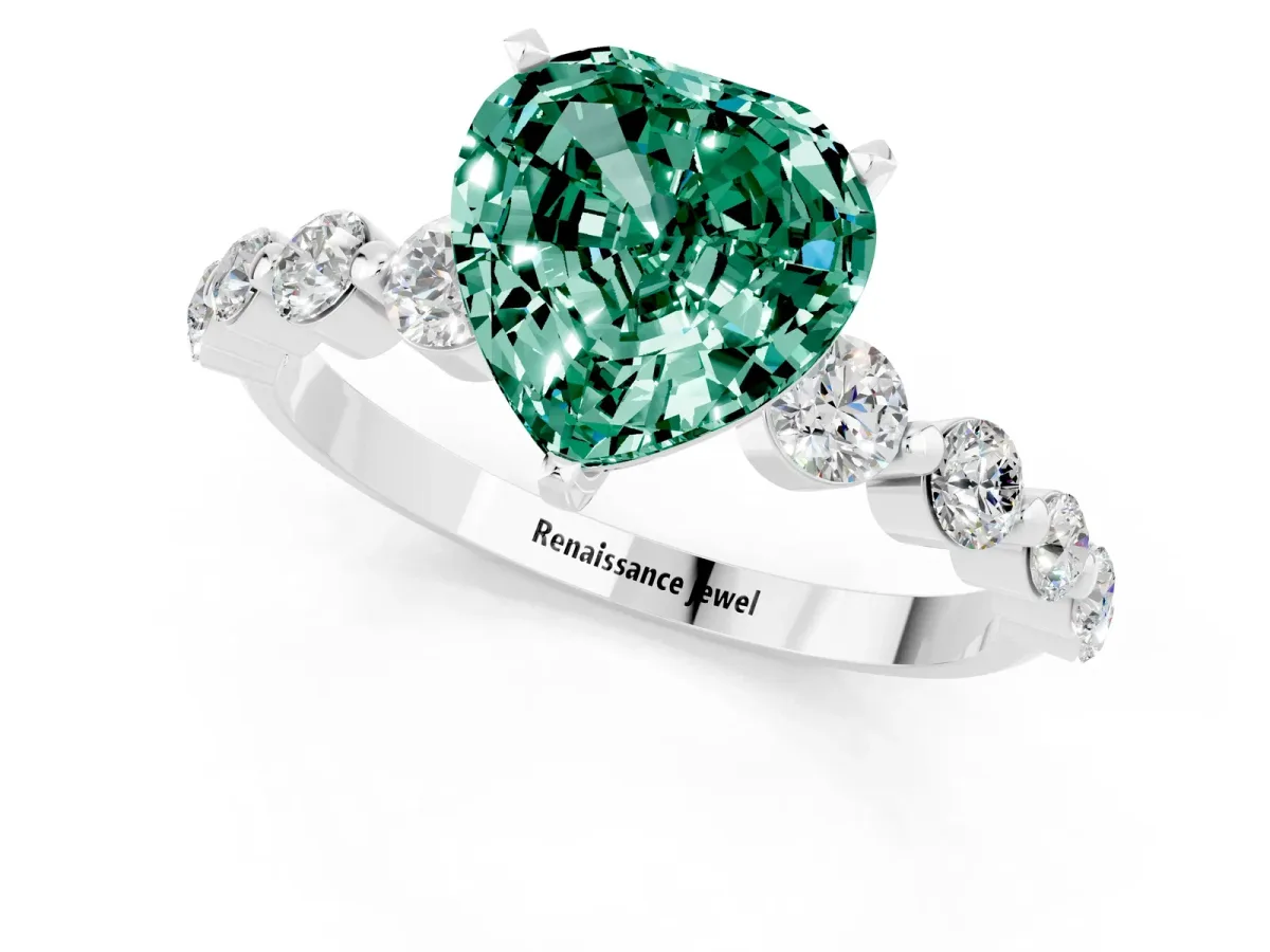 Heart Cut Solitaire Green Sapphire Ring with Pave Band and Four-Prong Setting Silver