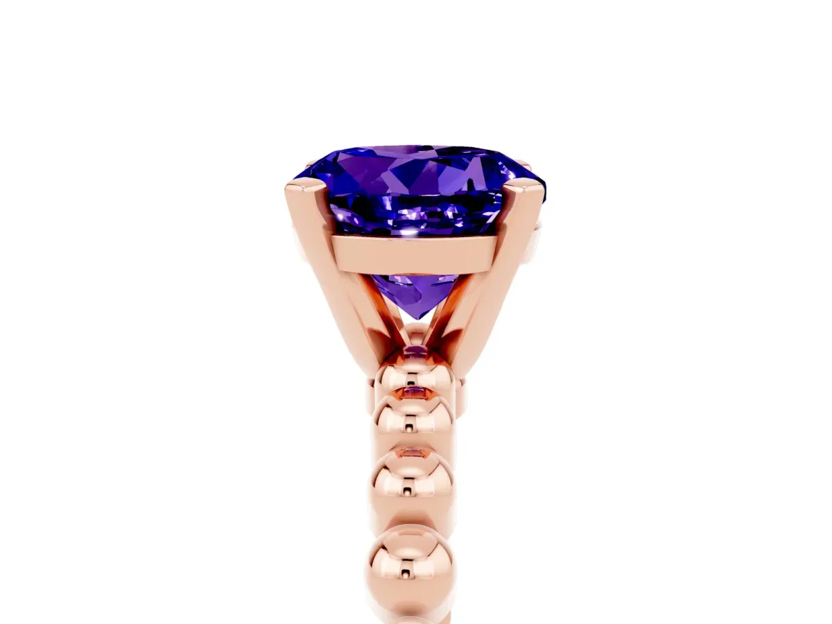 Round Cut Tanzanite Solitaire Ring with Beaded Band and Prong Setting Rose gold