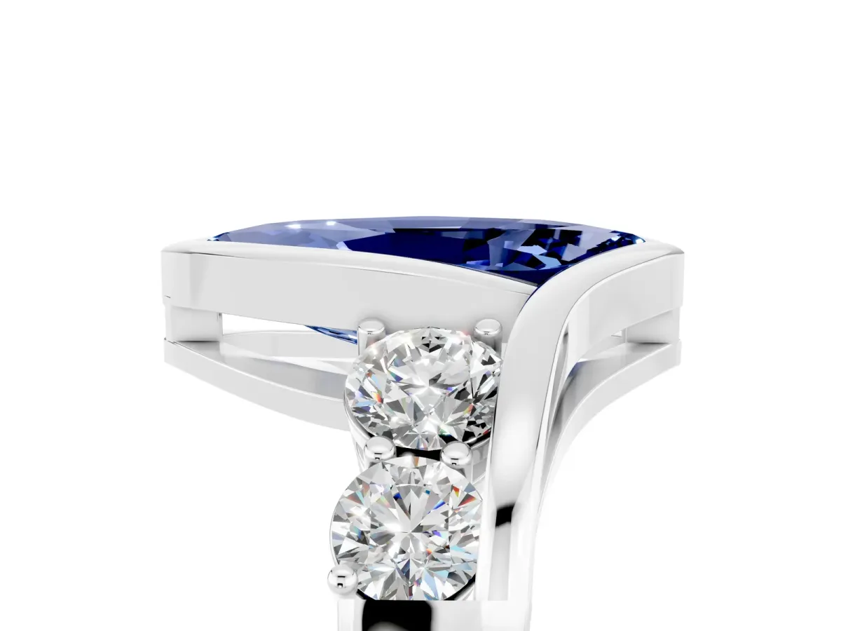 Bezel Set Marquise Cut Blue Sapphire Bypass Ring with Round Accents Silver