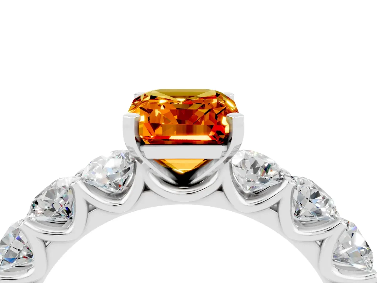 Emerald Cut Citrine Prong Setting with Side Stones on a Pave Band Silver