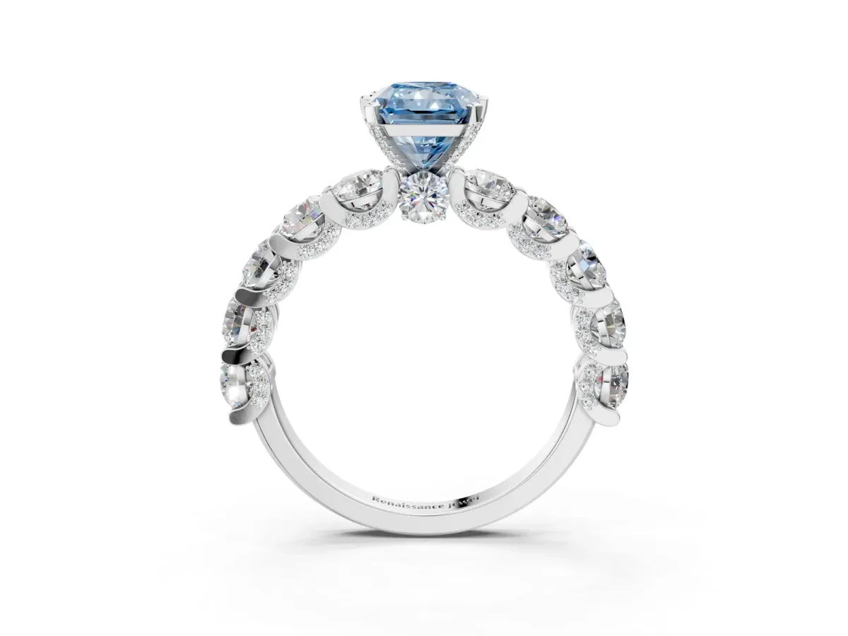 Fancy Blue Radiant Cut Diamond Side Stone Engagement Ring with Four-Prong Setting Silver