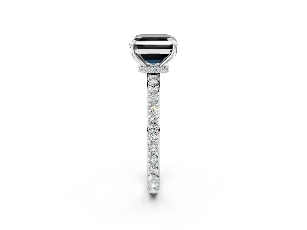 Fancy Black Asscher Cut Diamond Solitaire Engagement Ring with Pavé Band and Four-Prong Setting Silver