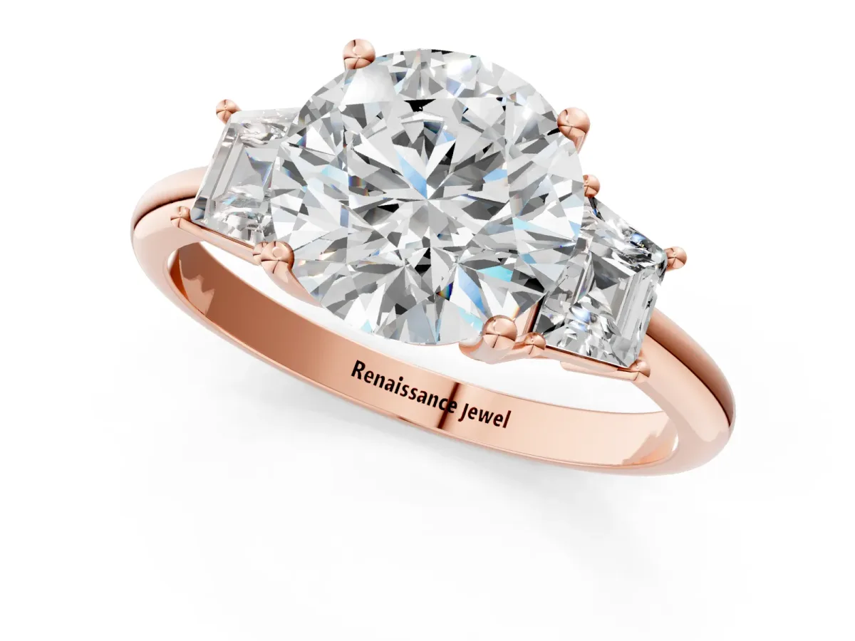 Round Cut Diamond Three-Stone Ring with Trapezoid Side Stones and Prong Setting Rose gold