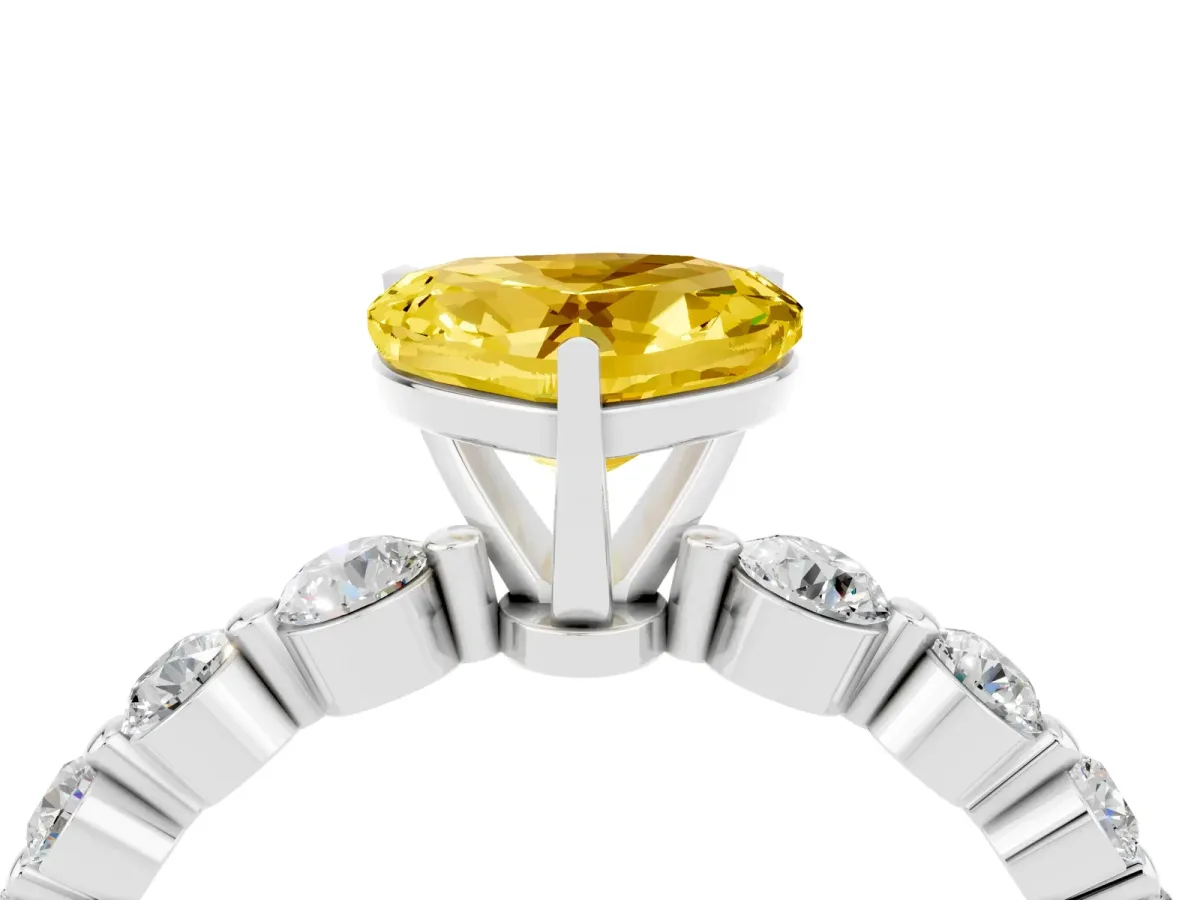 Heart Cut Solitaire Yellow Sapphire Ring with Pave Band and Four-Prong Setting Silver